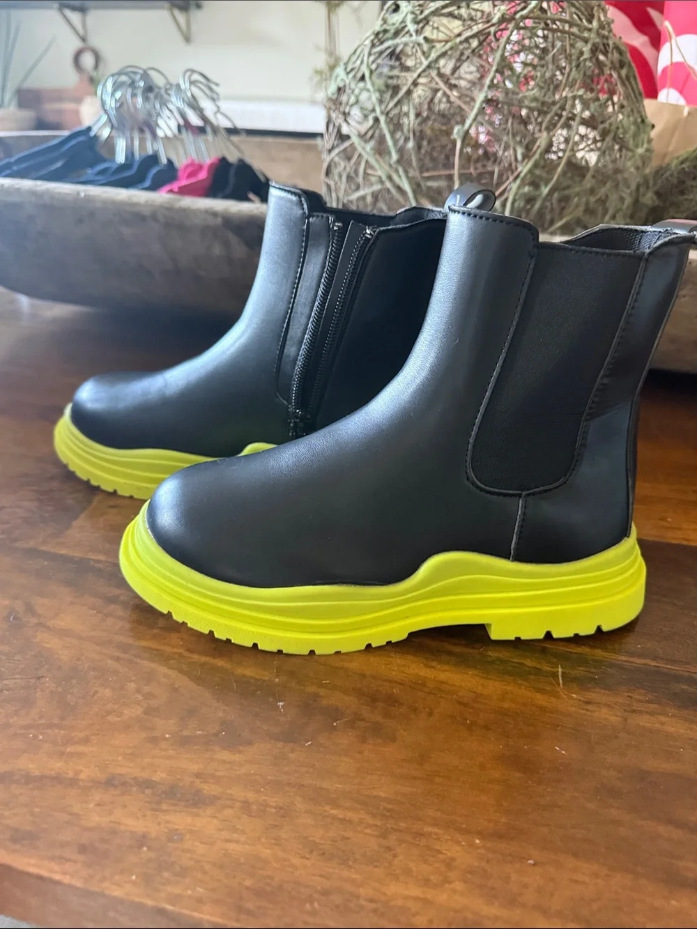 Kids Black Chelsea Boots with Neon Yellow Platform Sole